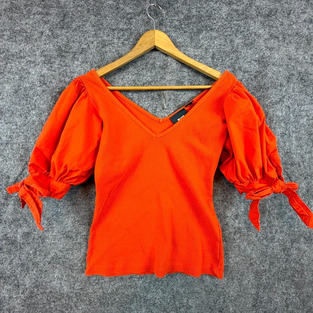 Maeve Top Womens XS Orange Tie Sleeve Ribbed Knit Festival Puff Sleeve Blouse